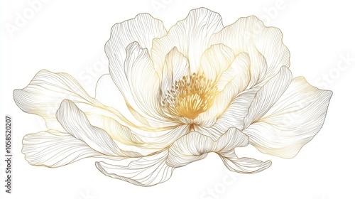 Fototapeta Naklejka Na Ścianę i Meble -  36.A luxurious golden peony flower rendered in delicate line art, set against a white background. The thin, elegant lines of the flowerâ€™s petals are accentuated with a gold foil texture, creating a