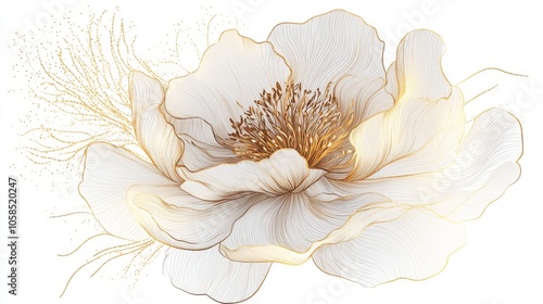Fototapeta Naklejka Na Ścianę i Meble -  36.A luxurious golden peony flower rendered in delicate line art, set against a white background. The thin, elegant lines of the flowerâ€™s petals are accentuated with a gold foil texture, creating a