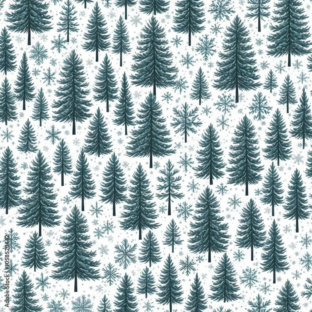 Obraz premium Seamless winter forest pattern with pine trees and snowflakes, perfect for holiday backgrounds and seasonal designs.