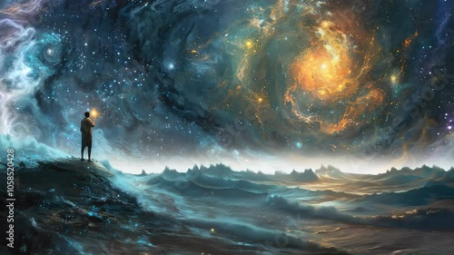 Quest for truth: individual holding torch symbolizes pursuit of knowledge, understanding, illuminating path towards enlightenment, revealing deeper meanings of existence, reality.