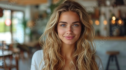 Radiant Blonde Woman Smiling in a Cozy Cafe Setting