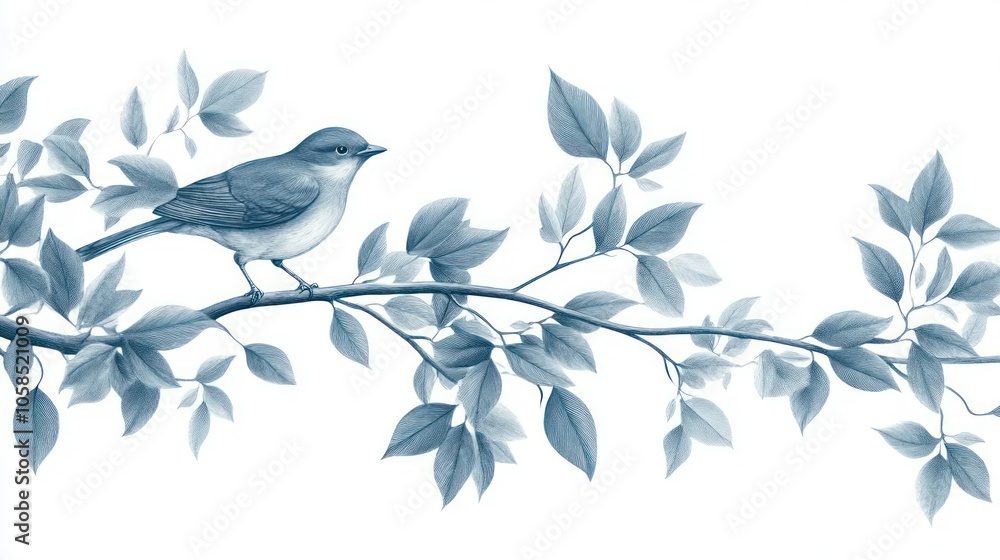 A serene illustration of a bird perched on a branch among leaves. A serene illustration of a bird perched on a branch among leaves.