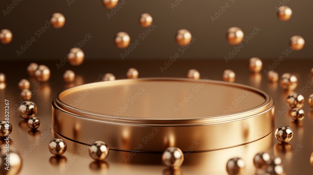 Obraz premium 23.A gold 3D podium with a sleek, glossy surface, accented by metallic balls scattered around. The podium's design is modern and minimalist, with an emphasis on luxury, perfect for a high-end