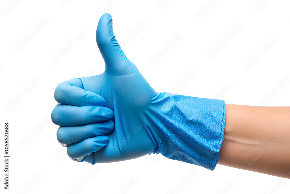 Female Hand in blue rubber glove showing thumb-up gesture isolated on a white background Female Hand in blue rubber glove showing thumb-up gesture isolated on a white background