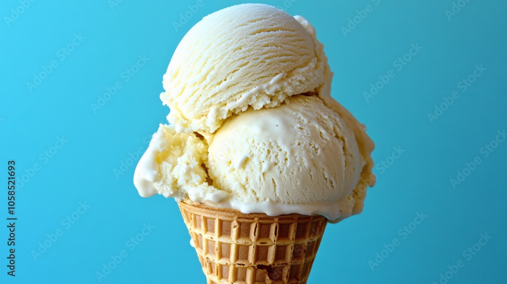 88.Two generously sized scoops of vanilla ice cream sitting atop a golden waffle cone, against a bright blue background. The creamy texture of the ice cream catches the light, while the cone adds a 88.Two generously sized scoops of vanilla ice cream sitting atop a golden waffle cone, against a bright blue background. The creamy texture of the ice cream catches the light, while the cone adds a