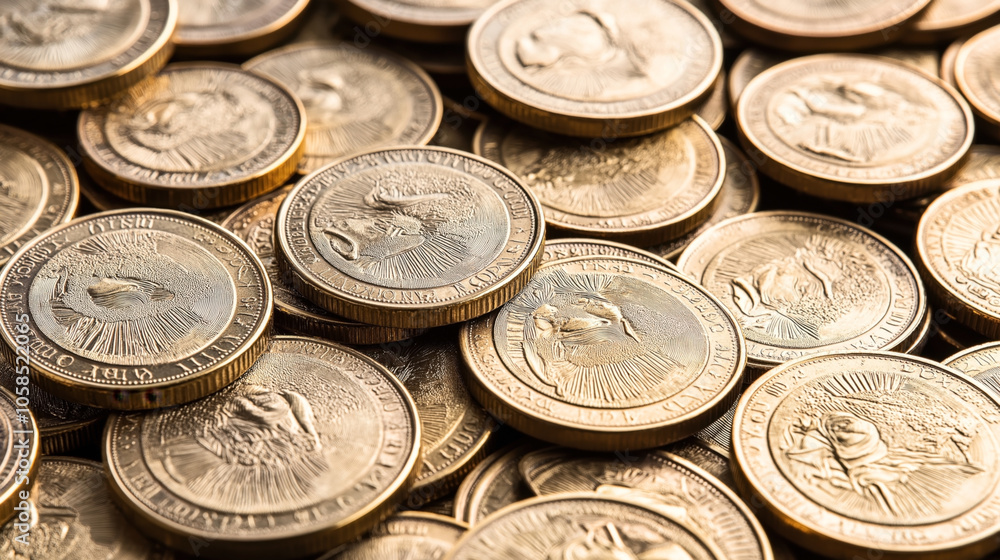 Close-up view of a pile of gold coins with intricate engravings and detailed textures, showcasing wealth and financial abundance. Close-up view of a pile of gold coins with intricate engravings and detailed textures, showcasing wealth and financial abundance.