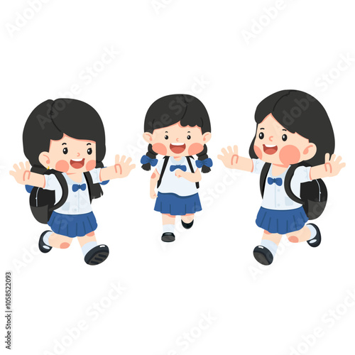 Happy  schoolgirls going to school