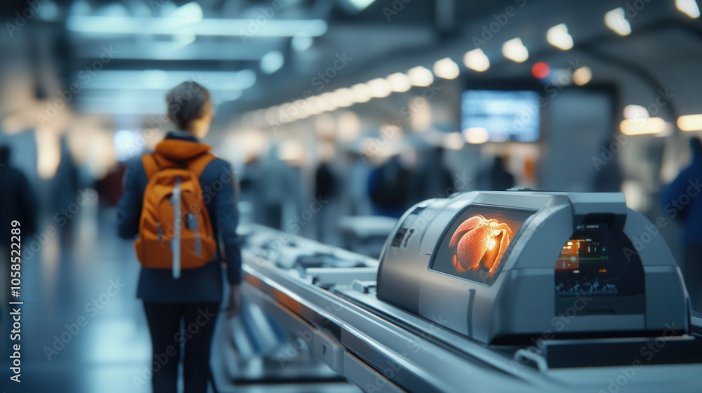 person stands in airport security line, observing CT machine displaying scanned image. scene captures busy atmosphere of travel and security person stands in airport security line, observing CT machine displaying scanned image. scene captures busy atmosphere of travel and security