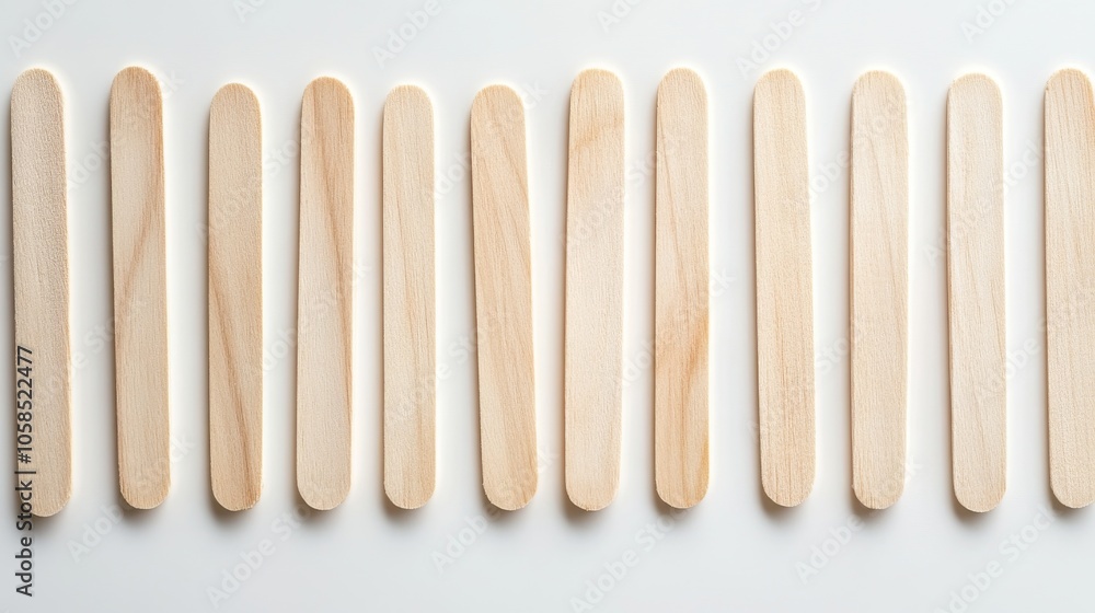 68.A detailed shot of wooden ice cream sticks, evenly aligned and isolated against a white backdrop. The sticks have a smooth, polished finish, showcasing their natural wooden texture and suitability 68.A detailed shot of wooden ice cream sticks, evenly aligned and isolated against a white backdrop. The sticks have a smooth, polished finish, showcasing their natural wooden texture and suitability