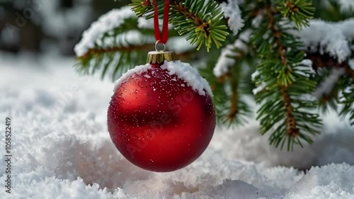 red christmas ball on snow