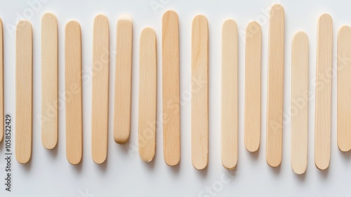 68.A detailed shot of wooden ice cream sticks, evenly aligned and isolated against a white backdrop. The sticks have a smooth, polished finish, showcasing their natural wooden texture and suitability photo