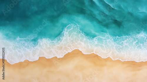 Aerial view of a beach with turquoise ocean waves gently lapping onto a sandy shore, creating a serene coastal landscape.