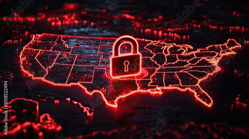Map of the United States with red outline and glowing padlock, symbolizing security