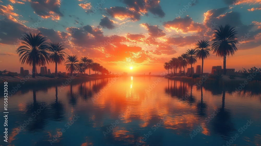 a breathtaking scene of siwa oasis in egypt, showcasing palm trees, crystal-clear waters, and ancient ruins under a vibrant sunset sky, creating a peaceful and exotic atmosphere a breathtaking scene of siwa oasis in egypt, showcasing palm trees, crystal-clear waters, and ancient ruins under a vibrant sunset sky, creating a peaceful and exotic atmosphere