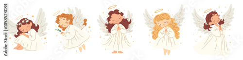 A set of cute vector illustrations in children's style. Cute angels on white background with wings. Vector illustration