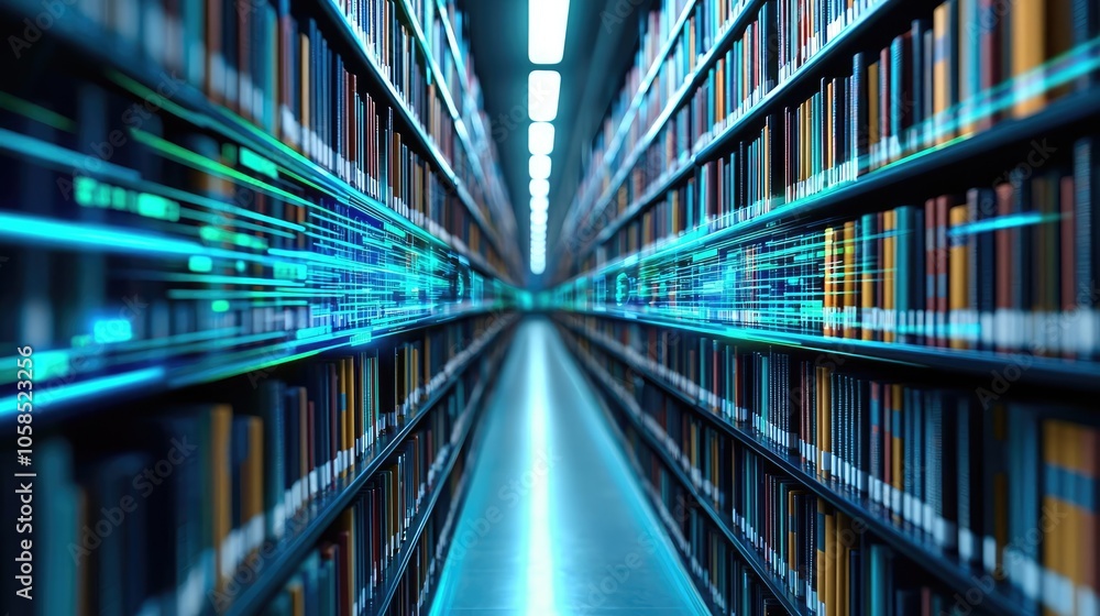 Futuristic library interior with glowing bookshelves and digital elements. Futuristic library interior with glowing bookshelves and digital elements.