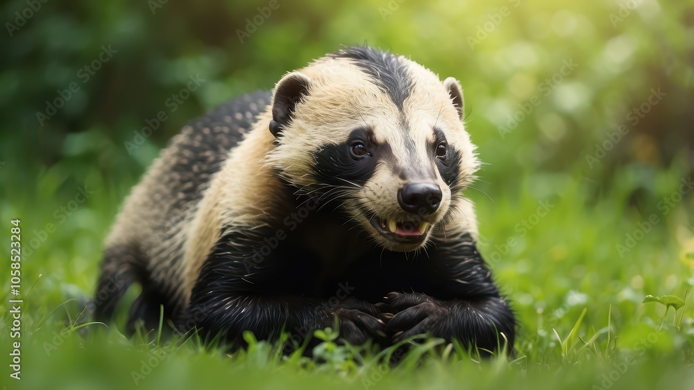 A cute honey badger with glossy fur sitting on a lush green field, licking honey from its paw under the soft daylight --ar 3:2 --v 4 A cute honey badger with glossy fur sitting on a lush green field, licking honey from its paw under the soft daylight --ar 3:2 --v 4