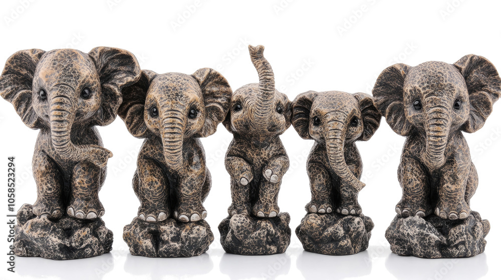 Set of Decorative Elephant Figures Arranged on a Clear Backdrop Generative AI Set of Decorative Elephant Figures Arranged on a Clear Backdrop Generative AI