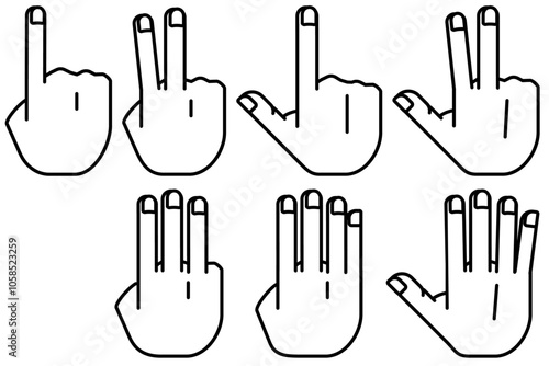 指で数をカウントする。指文字で1から5の手の甲が見えるハンドサイン線画イラスト