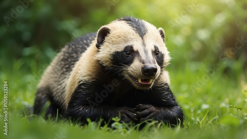 A cute honey badger with glossy fur sitting on a lush green field, licking honey from its paw under the soft daylight --ar 3:2 --v 4 photo