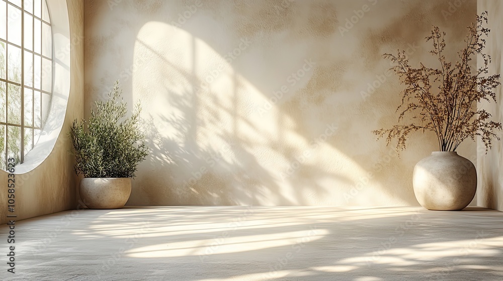 Minimalist light beige background for product presentation with intricate shadows