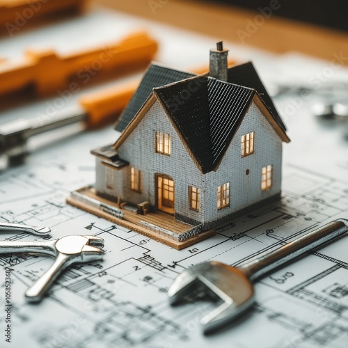 Model House Under Construction with Blueprints and Workers