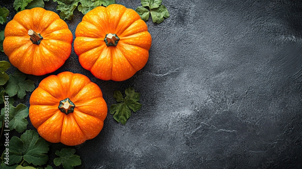 Minimalist pumpkin flat lay on dark background, ideal for Halloween designs or copy space Minimalist pumpkin flat lay on dark background, ideal for Halloween designs or copy space