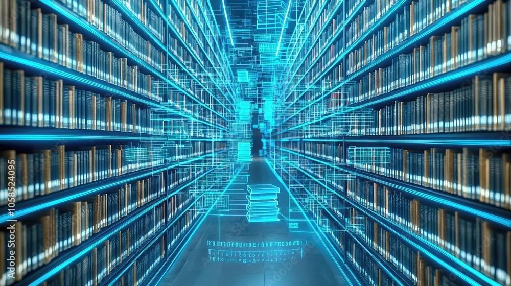 Futuristic library with digital shelves glowing in blue and vibrant neon lights. Futuristic library with digital shelves glowing in blue and vibrant neon lights.