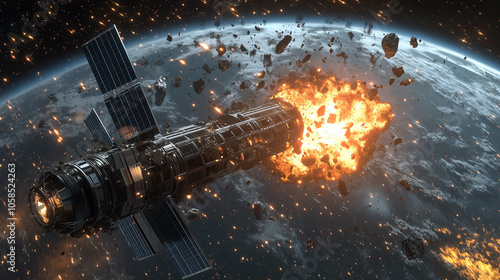 Fototapeta Naklejka Na Ścianę i Meble -  blowing up space station in space, scattered debris and solar panels around, with earth on the background, 3d render