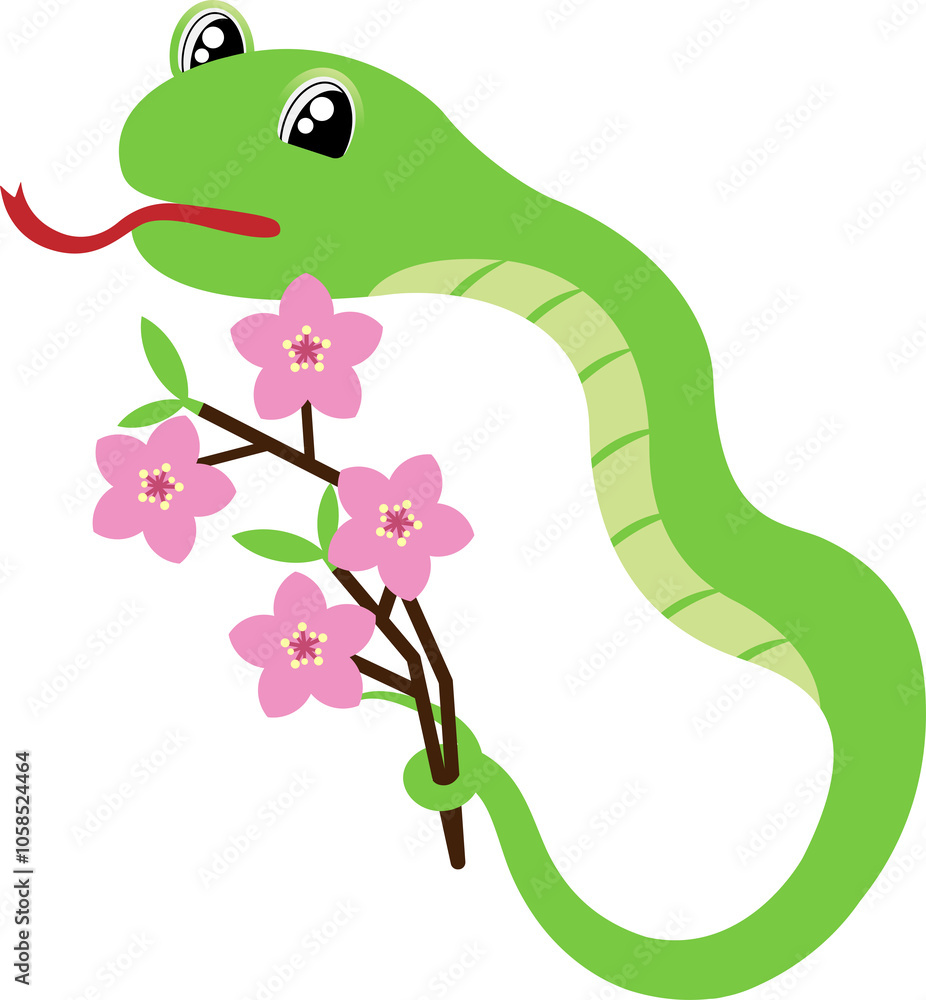 Fototapeta premium Lunar new year of snake-Cartoon Snake with Cherry Blossom Branch