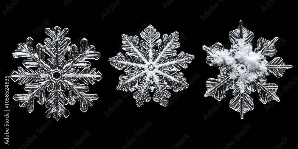 Intricate Snowflakes on Black A Macro Exploration of Winters Elegance, Perfect for Christmas and Winter Solstice