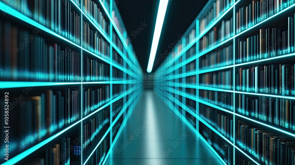 Futuristic library interior with glowing shelves and illuminated pathway. Futuristic library interior with glowing shelves and illuminated pathway.