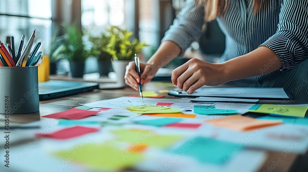 Creative workspace crafting ideas with sticky notes and pens Creative workspace crafting ideas with sticky notes and pens