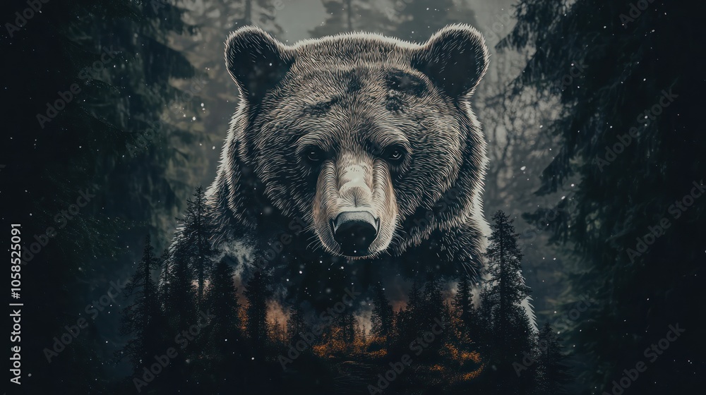 A surreal depiction of a bear merging with a forest landscape, evoking nature's majesty. A surreal depiction of a bear merging with a forest landscape, evoking nature's majesty.