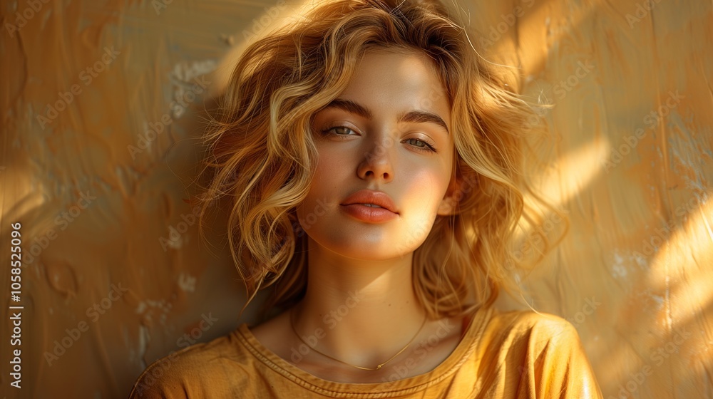 Portrait of Woman with Curly Blonde Hair in Sunlight Portrait of Woman with Curly Blonde Hair in Sunlight