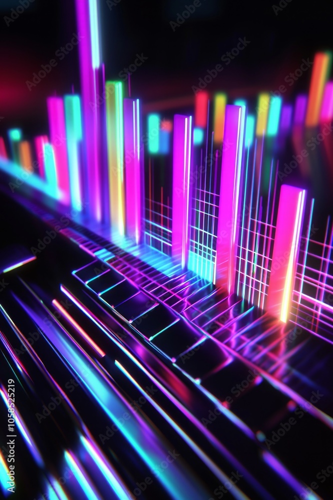 Dynamic Market: A bar graph rendered with vivid neon colors and a futuristic look, representing finance and growth. Dynamic Market: A bar graph rendered with vivid neon colors and a futuristic look, representing finance and growth.