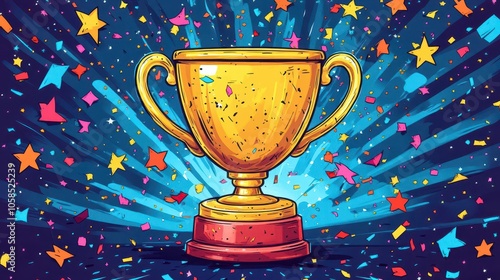 a cartoon-style golden trophy cup surrounded by confetti and stars, radiating joy and achievement, manifesting the concept of victory and celebrating success in a playful manner