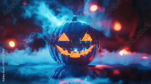 halloween disco ball with pumpkin face in dark blue background with colorful lights, pumpkin disco ball at Halloween party, jack o lantern with shiny blue rays in smoke And Defocused Abstract Lights