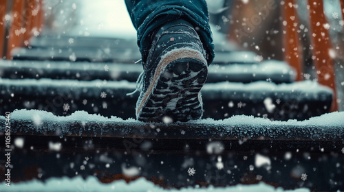 Person's foot slips on icy outdoor stairs while snow falls in a winter scene photo