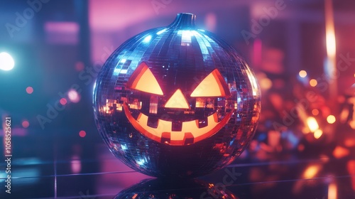 Halloween mirror ball with pumpkin face in a disco setting