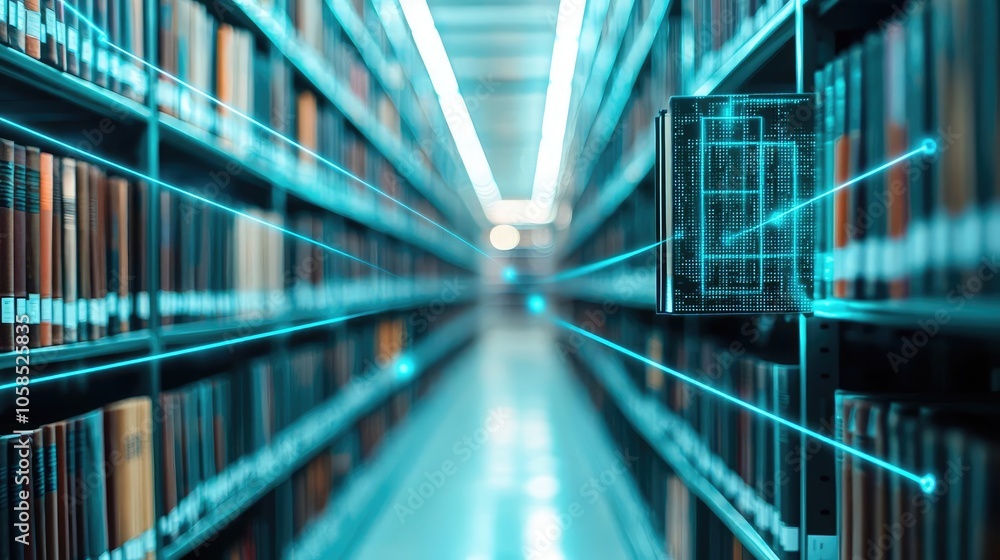 Books on shelves with digital overlay, representing information and innovation. Books on shelves with digital overlay, representing information and innovation.