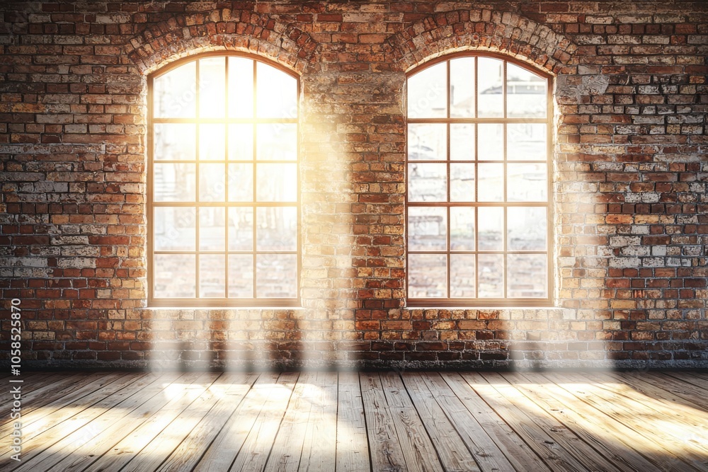 A sunlit room with brick walls and arched windows, creating a warm and inviting atmosphere. A sunlit room with brick walls and arched windows, creating a warm and inviting atmosphere.