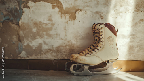 Vintage ice skates displayed in a museum showcasing historical winter sports equipment from past decades