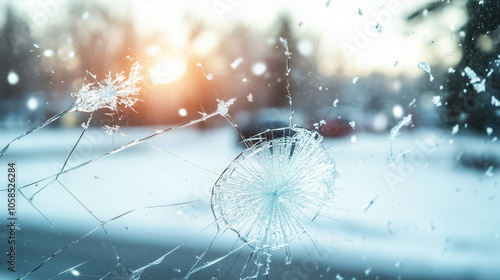 Cracked windshield after impact in a parking lot during winter at sunset