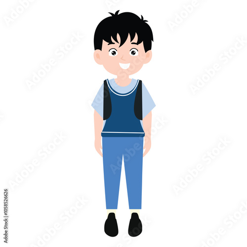 funny little boy is crying, and posing with his hands folded on his waist.School kids collection. Group of cartoon multinational children in school uniform, standing with books and school bags. Isolat