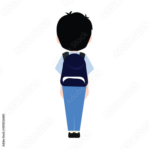 funny little boy is crying, and posing with his hands folded on his waist.School kids collection. Group of cartoon multinational children in school uniform, standing with books and school bags. Isolat
