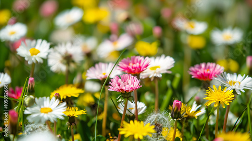 A sunny meadow filled with white and pink daisies and yellow dandelions in springtime. photo