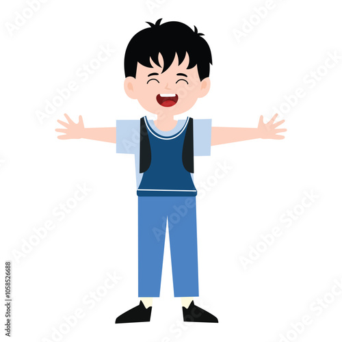 funny little boy is crying, and posing with his hands folded on his waist.School kids collection. Group of cartoon multinational children in school uniform, standing with books and school bags. Isolat