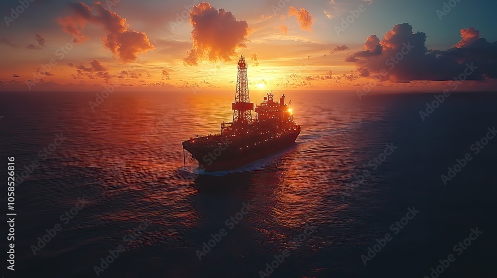 Offshore drilling rig in an aerial view during beautiful sunset Offshore drilling rig in an aerial view during beautiful sunset