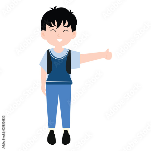 funny little boy is crying, and posing with his hands folded on his waist.School kids collection. Group of cartoon multinational children in school uniform, standing with books and school bags. Isolat